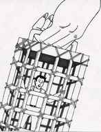drawing monochrome shrunken_men hand entrapment captured caged carrying