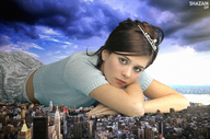 collage city mega clothed buildings brunette lying_down clouds shazam looking_at_viewer crossed_arms