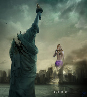 giantess collage city mega blonde destruction rampage skirt buildings walking poster new_york_city statue_of_liberty dark_clouds behind_view makeshift_clothing cloverfield