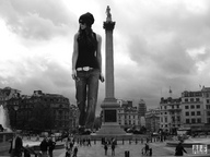 giantess collage city monochrome clothed buildings london people clouds statue azzy_ale holding_crushed_car trafalgar_square nelsons_column