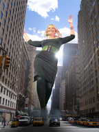 giantess collage city blonde traffic buildings smiling walking clouds sky between_buildings