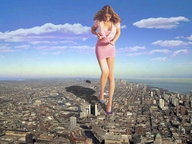 giantess collage city mega destruction high_heels buildings brunette wonderslug shadow walking looking_down clouds sky pink_dress sunny