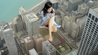 giantess cars unknown_artist sitting highway skyscrapers aerial_view between_buildings seaside city_park