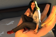 black_hair giant clothed handheld sitting hand shrunken_woman captured looking_at_viewer digital_render