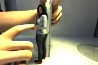 black_hair giant clothed hand shrunken_woman ruler digital_render