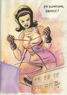 breasts drawing giantess mega monochrome color large_breasts butt crossover skirt angry brunette gloves short_hair boots funny chris mareke costume stretching disney doom_patrol belt dialogue hairband mrs._incredible the_incredibles looking_at_tiny dc_comics bare_legs elasti-girl pixar rita_farr