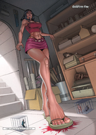 drawing crush feet black_hair color large_breasts long_hair skirt blood shrunken_men sandals foot_crush muscles legs cage cruel shoe_crush flip_flops prisoner giantessfan sandal_crush