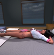 panties gloves boots shrunken_woman bedroom digital_render