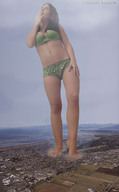 collage mega destruction barefoot giantess_katelyn looking_up under_foot suburbs hazy_day
