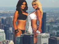 collage city blonde swimsuit multiple_giantesses brunette skyscrapers looking_at_viewer lucy_pinder rooftop_view mrcool789