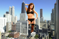 giantess collage city brunette unknown_artist lingerie skyscraper streets vehicles looking_at_viewer lucy_pinder rooftop_viewing