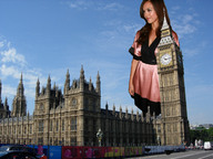giantess collage brunette low_angle smiling unknown_artist black_eyes streets vehicles clock_tower big_ben westminster_abbey
