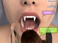 vore teeth glasses story fangs shrunken_woman open_mouth dangle between_fingers looking_at_victim digital_render