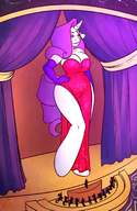 drawing furry tail anthro color large_breasts long_hair clothed barefoot cleavage purple_hair grinning purple_eyes smiling unicorn gloves dress looking_down standing hooves jessica_rabbit cosplay thighs indoors voluptuous sheela commission stage my_little_pony horn rarity white_skin musicians performance hand_on_hips orchestra bare_legs curtains jsk244