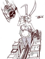 breasts drawing giantess vore city mega monochrome bunny_ears destruction bunny helicopter train digestion frakass belly vehicles houses mass_vore