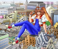 drawing giantess city mega color destruction clothed anime brunette brown_eyes waku_waku_7 police vehicles bunny_girl eichikei arina_makihara