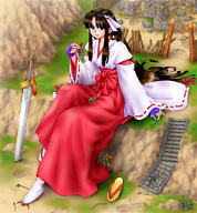 drawing giantess color long_hair destruction handheld anime brunette brown_eyes socks sitting under_foot eichikei shrine_maiden