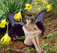barefoot fairy sitting shrunken_woman flowers butterfly_woman pine_needles
