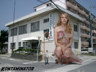 giantess collage blonde buildings shrunken_men streets kontaminator looking_at_viewer squatting_down