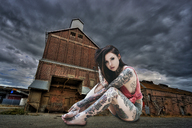 giantess collage barefoot buildings brunette sitting looking_at_viewer onibackus multiple_tattoos cloudy gogo_blackwater tattooed