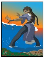 drawing giantess giga color butt beach water ocean brunette brown_eyes ponytail cartoon pants dark_skin avatar braid ships katara wading tsunami avatar_the_last_airbender kisparlius