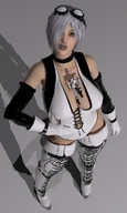 breasts giantess white_hair cleavage high_heels climbing boots short ladder platforms careless goggles smothering ivory pumps digital_render