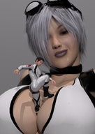 breasts giantess white_hair cleavage high_heels climbing boots short ladder platforms careless goggles smothering ivory pumps digital_render