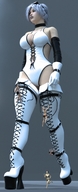 breasts giantess white_hair cleavage high_heels climbing boots short ladder platforms careless goggles smothering ivory pumps digital_render