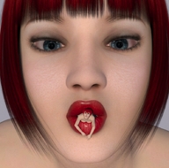 red_hair shrunken_woman lipstick imminent_vore boomgts digital_render between_breasts