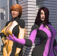 breasts giantess city mega blonde handheld cleavage buildings brunette superhero giantesses jumpsuit hands_on_hips zipper boomgts looking_at_tiny digital_render