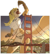 breasts drawing giantess vore furry wolf tail anthro city blonde color large_breasts long_hair tongue bridge destruction handheld rampage buildings piercings canine mawshot open_mouth mountains boats looking_up thighs jewelry vehicle_vore fox_girl necklace ships earrings bikini_bottom golden_gate_bridge bracelet imminent_vore bare_legs bare_midriff mass_vore sprinkling scream_(artist) ali