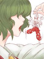 giantess vore size_difference handheld touhou green_hair open_mouth fujiwara_no_mokou kazami_yuuka utopia