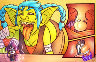 drawing giantess vore color saliva succubus pigtails demoness shrunken_woman world_of_warcraft sheela goblin warlock