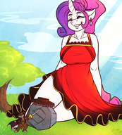 drawing gentle giantess furry tail anthro dragon color large_breasts clothed crossover purple_hair purple_eyes smiling green_hair dress sitting humor cosplay thighs outdoors jewelry sheela earrings trees commission purple_skin my_little_pony rarity white_skin tom_the_rock zorro scalie pale_skin bare_legs jsk244 spike_(my_little_pony)