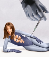 cleavage brunette gloves shrunken_woman experiment looking_at_viewer jennifer_love_hewitt latex_suit injection