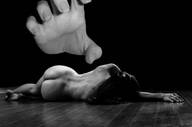 giantess collage nude monochrome lying_down reaching on_floor behind_view female_hand