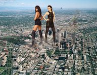 collage city destruction high_heels brunette dress unknown_artist nylons jets giantesses hilary_duff looking_at_viewer leather_boots