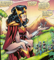 breasts giantess comic black_hair color armor sword goddess story boots sitting blue_skin outdoors wonder_woman cape bracelet tiara shield dinanna protector dc_comics bare_legs