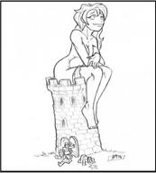drawing giantess monochrome sitting tower sitting_on_building pooping fleeing_guards puking_guard