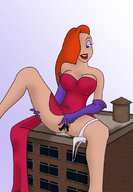 breasts drawing giantess insertion pussy panties mega color cum cleavage buildings red_hair dress shrunken_men sitting jessica_rabbit disney sitting_on_building looking_at_tiny