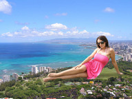 giantess collage city brunette unknown_artist sitting nylons grass sunglasses pink_dress looking_at_viewer waterfront