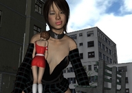 giantess city buildings shrunken_woman looking_at_tiny digital_render