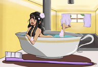 drawing black_hair color long_hair bath brown_eyes unknown_artist shrunken_woman size_comparison teacup in_cup