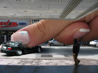 collage unknown_artist hand cruel pedestrian city_street crushed_car giantess_fingers