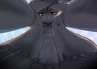 drawing blushing city giant male penis anime low_angle yellow_eyes sitting looking_down point_of_view looking_at_viewer cock_bulge