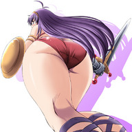 long_hair butt sword anime low_angle point_of_view from_below behind_view shield