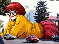 drawing giantess collage city butt skirt buildings glasses street red_hair vehicles maxcat sweater scooby-doo velma_dinkley cartoon_network