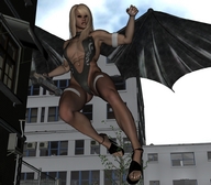 giantess wings blonde high_heels buildings low_angle muscles belly looking_down flying digital_render holding_vehicle