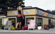 collage blonde smoking behind_view storefront clogs
