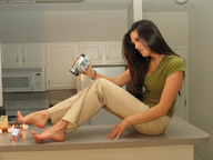 collage long_hair clothed barefoot brunette sitting kitchen worship shrunken_man source_needed filming pleading counter_top arched_feet looking_at_tiny